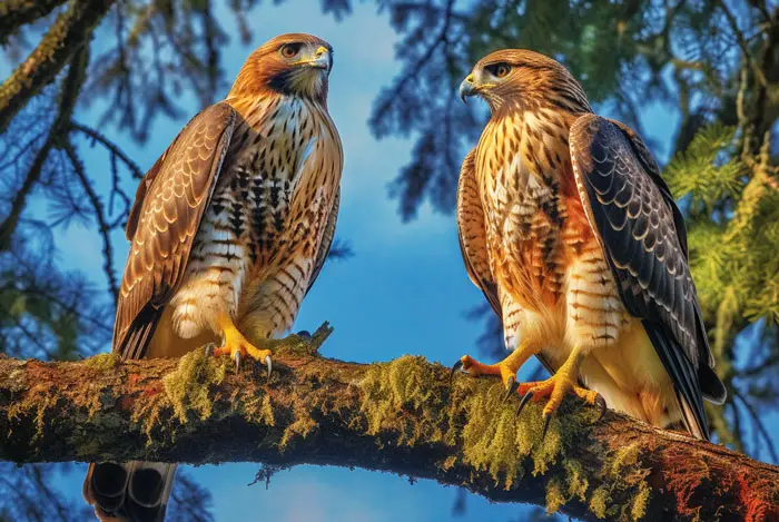 Two hawks mating on a tree branch