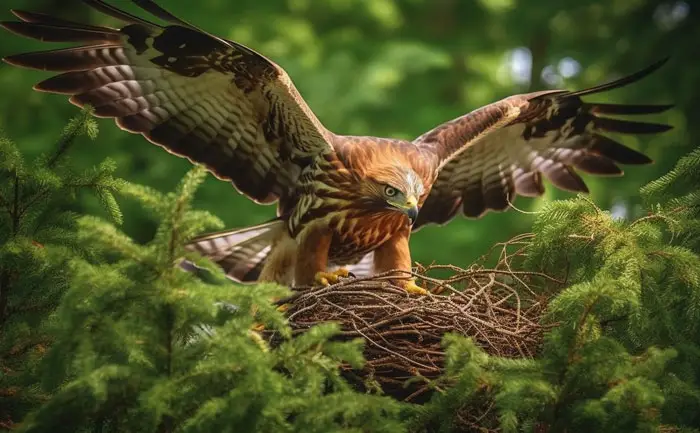 hawk building a nest with twigs and branches